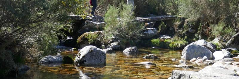 Blick auf einen Flusslauf, in dem mehrere Steine liegen - gesehen auf der individuellen Wanderung in Nord-Portugal
